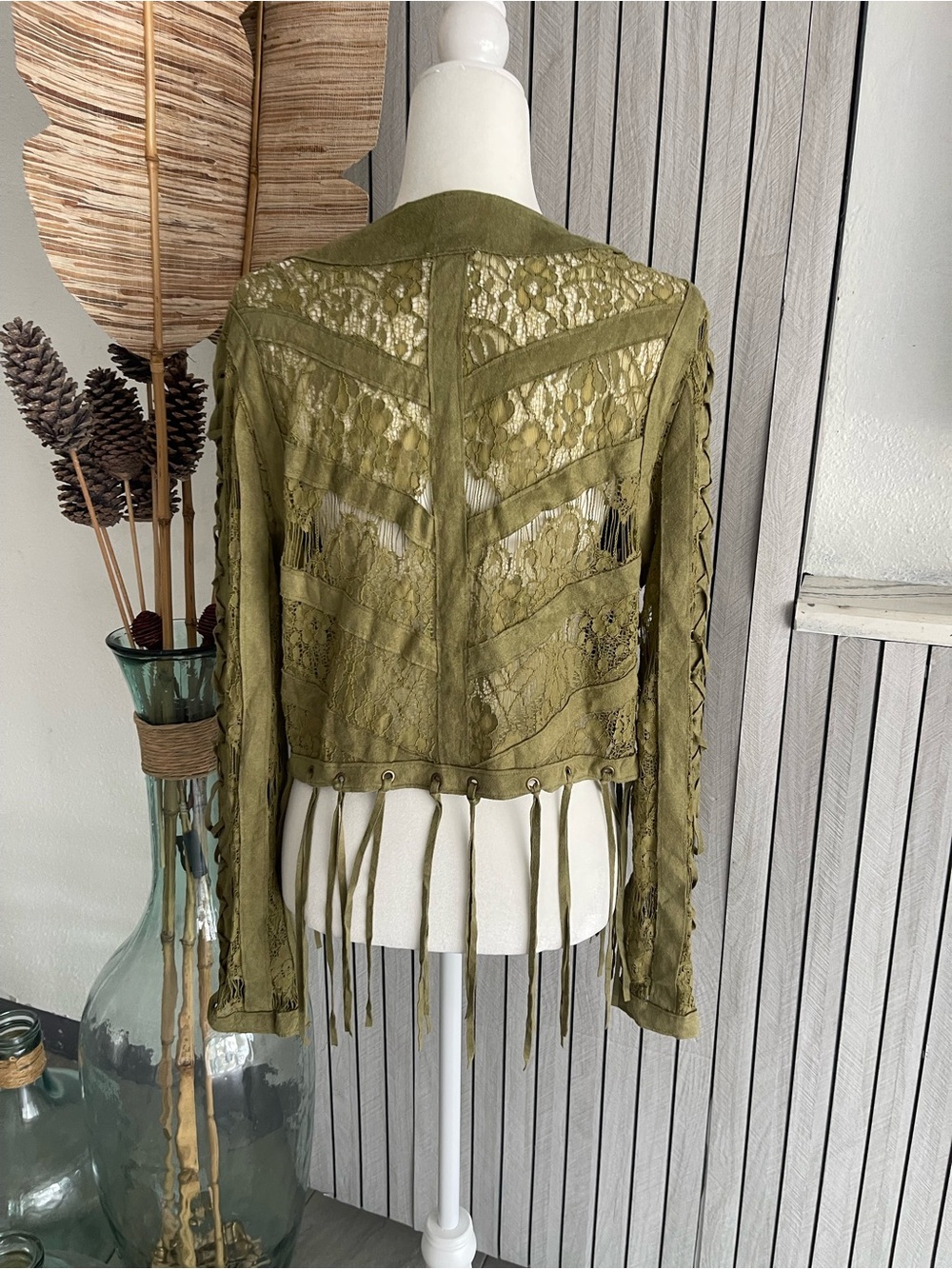 Vocal Olive Green Fringe Lace-Up Leather Jacket - Picture 3 of 8